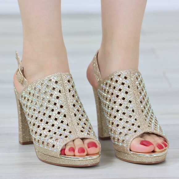 Sparkly Rhinestone Glitter Champagne Platform High Heels Open Toe Party Shoes - Picture 8 of 14